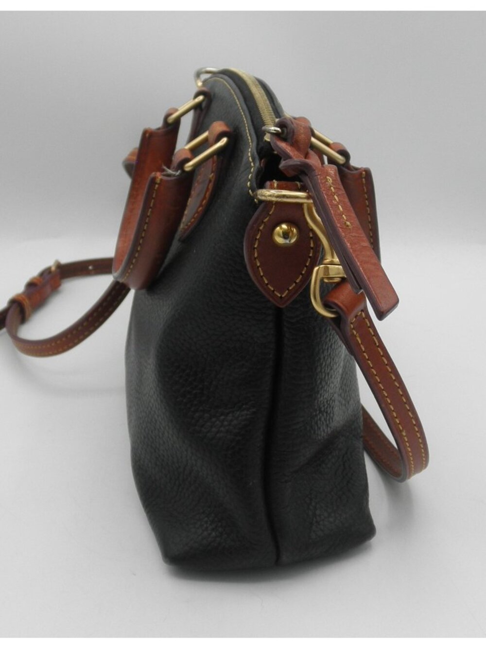 Dooney & Bourke Black Pebbled Leather Brown Accents Crossbody Satchel Handles - Picture 4 of 16